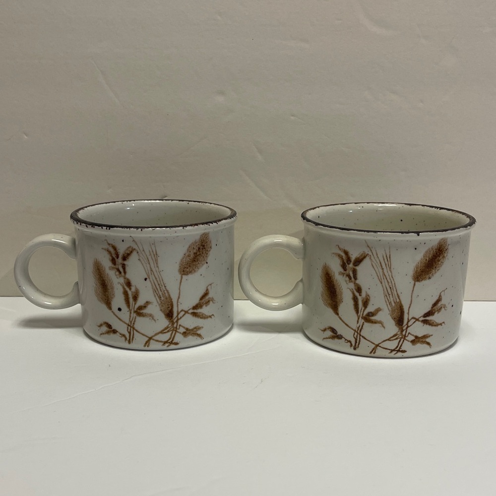 Vintage Stoneware Coffee Wheat Wild Oats Midwinter White and Brown Mugs set 8oz
